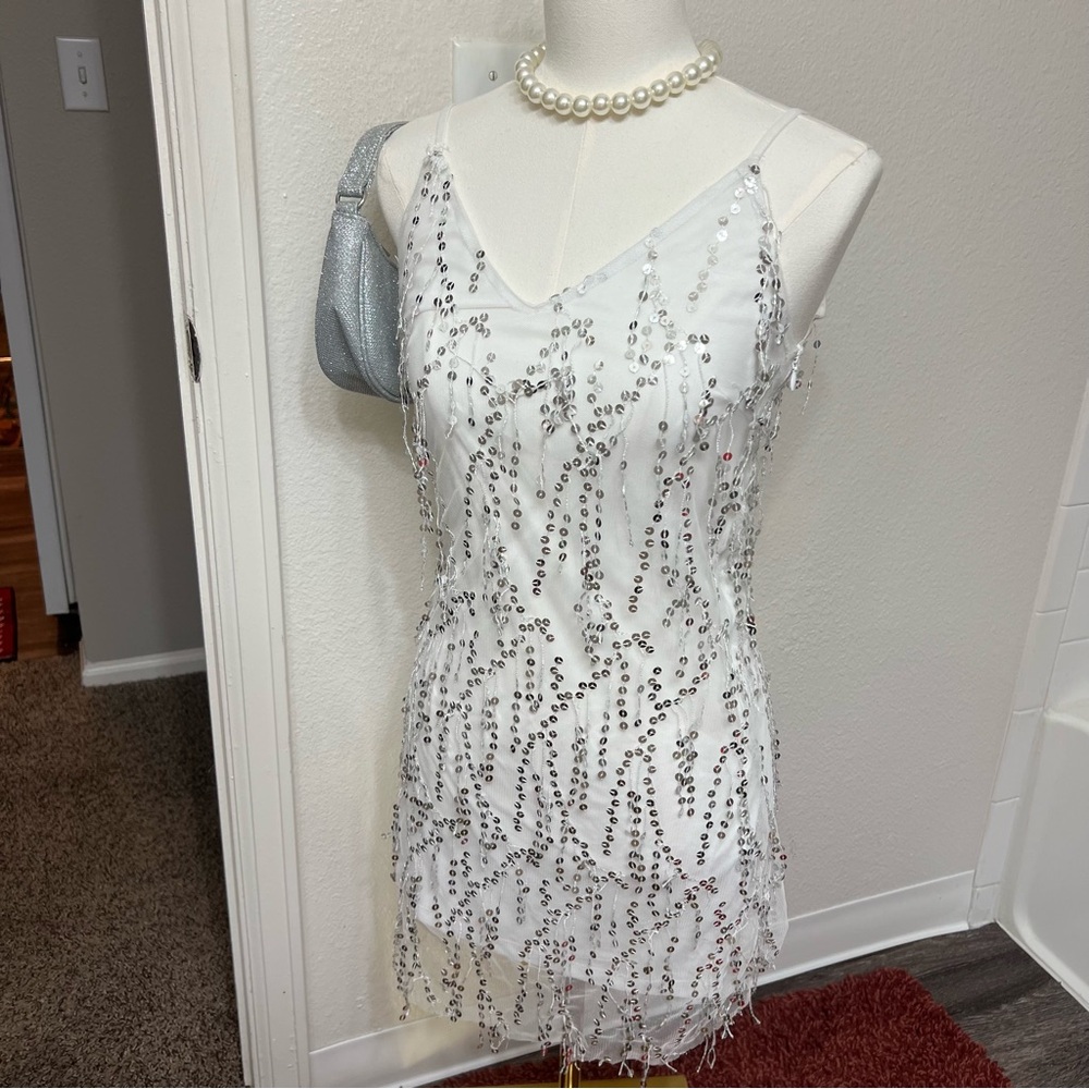 White silver sequins tassels flapper style mini dress wedding bachelorette dance